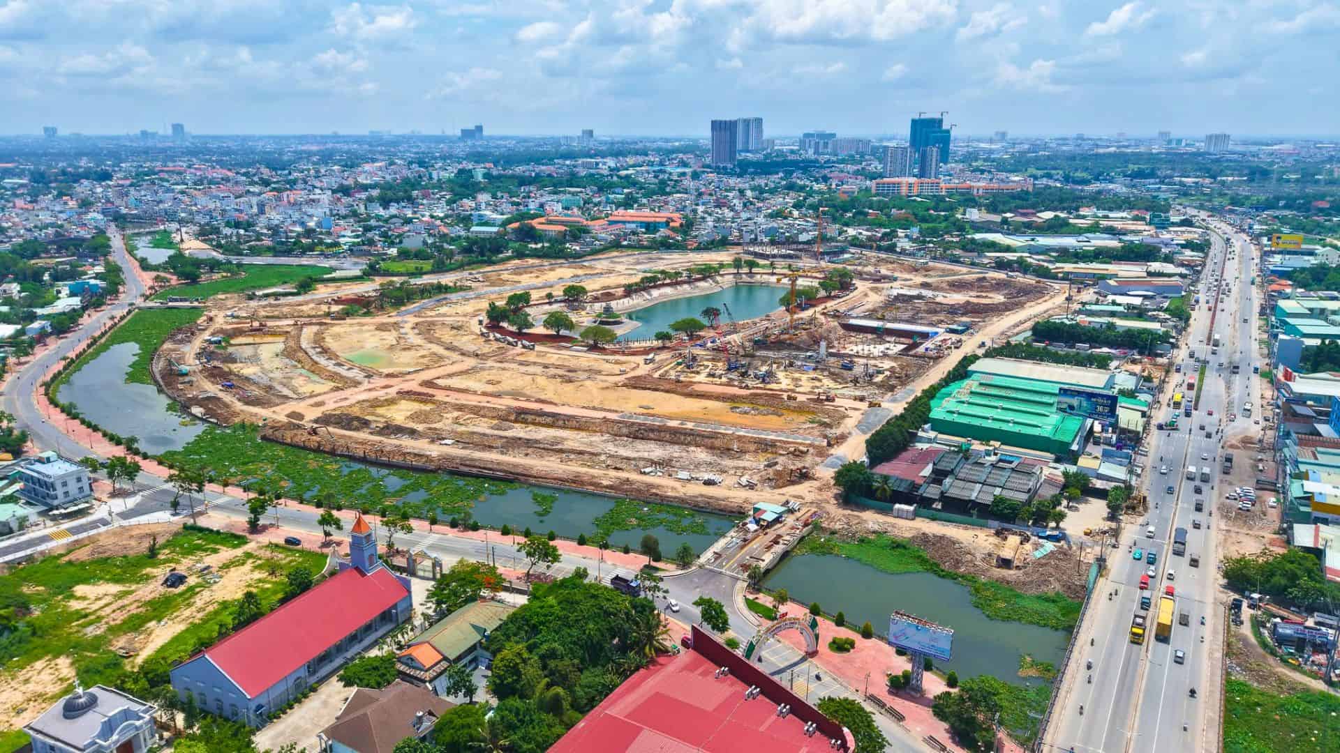 Toàn cảnh tiến độ thi công hạ tầng tại dự án Hồ Gươm Xanh Thuận An